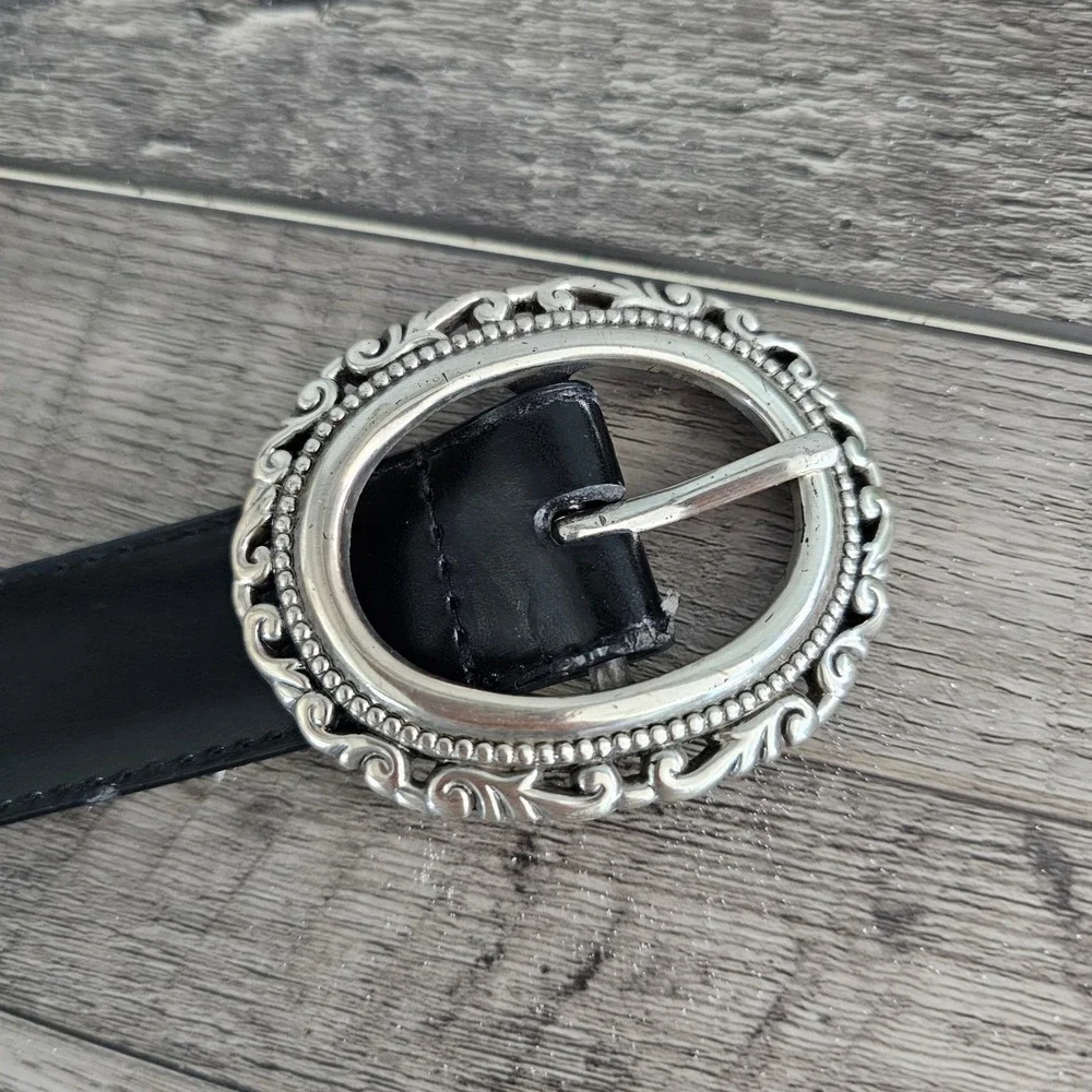 Reversible Brown Croc Embossed & Black Leather Belt Western Boho Silver Buckle - Picture 8 of 9